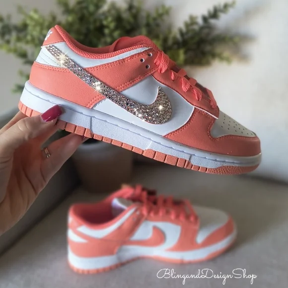 Bling Nike Dunk Low White Mango Womens Sneakers Shoes with Crystals Customized - Picture 1 of 6